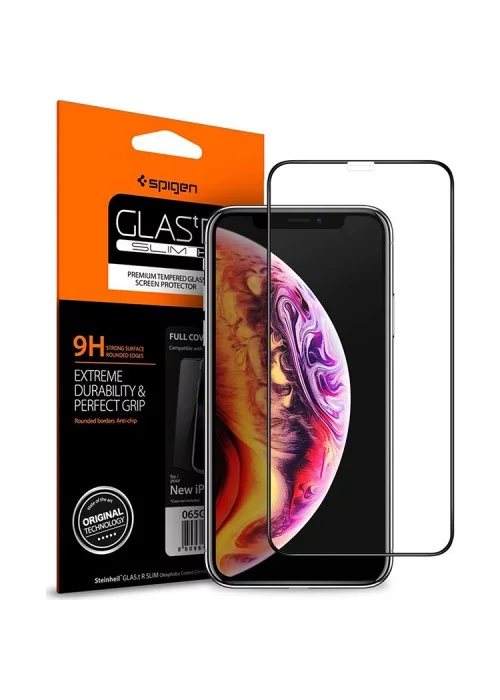 Spigen Apple iPhone 11 Pro / iPhone XS / iPhone X Cam Ekran Koruyucu Tam Kaplayan Full Cover Black