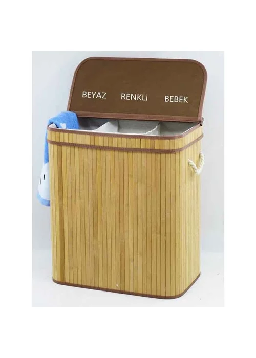 Rem Lorin Bambu Üç Hazneli Katlanır Çamaşır Sepeti
