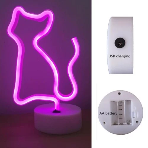 Neon Led Işıklı Pembe Kedi Masa Lambası Neon Led Işıklı Pembe Kedi Masa Lambası
