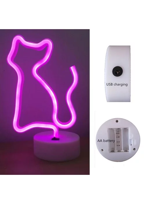 Neon Led Işıklı Pembe Kedi Masa Lambası