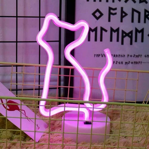 Neon Led Işıklı Pembe Kedi Masa Lambası Neon Led Işıklı Pembe Kedi Masa Lambası